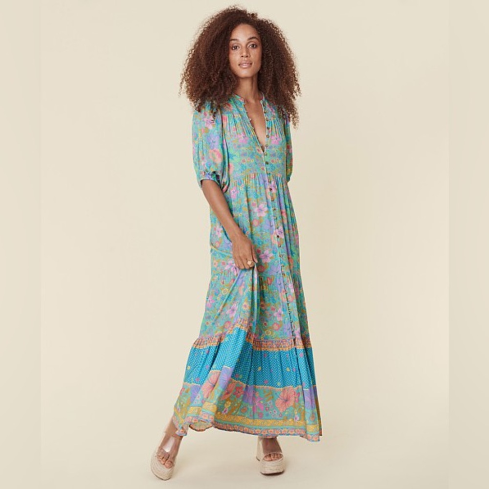 Spell Hibiscus Lane Button Through Maxi Gown Lagoon